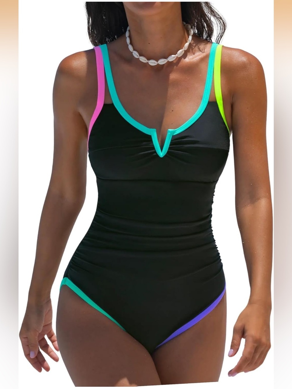 popvil Tummy Control Modest Retro black Neon Swim Suit NWT XL